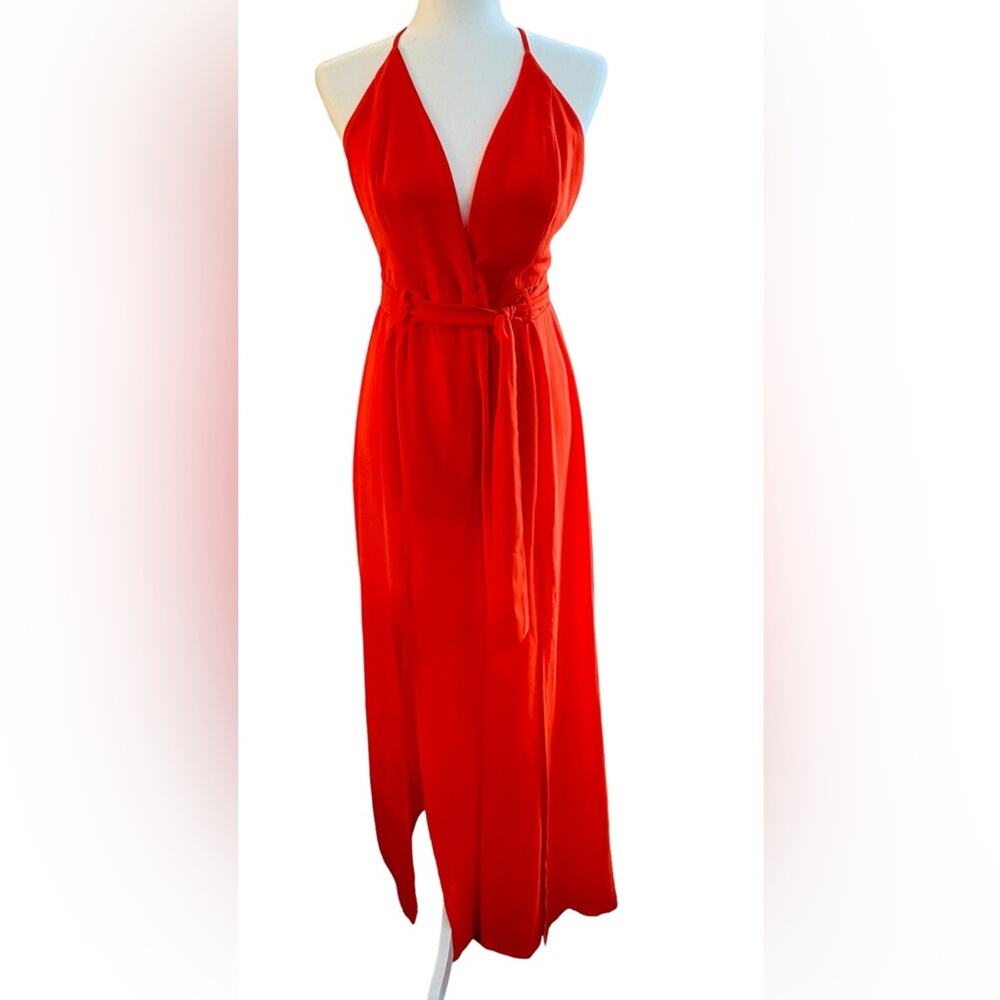 Miss Avenue Jumpsuite Large Red Leg Slits Resortwear Sultry Glam Party NYE NWT‎